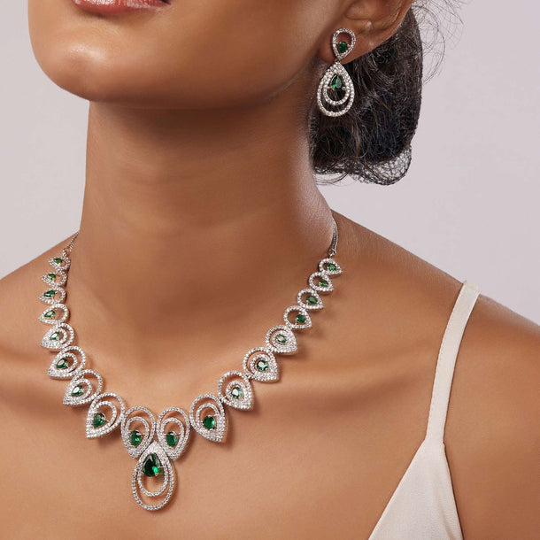 Silver Diamond Necklace Set With Green Stones