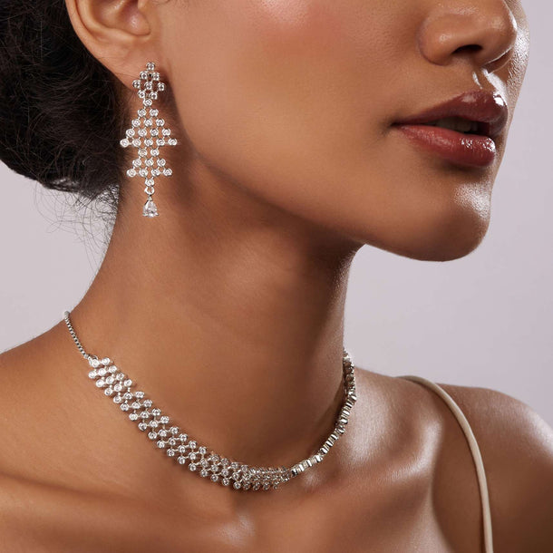 Silver Plated Diamond Mesh Necklace Set