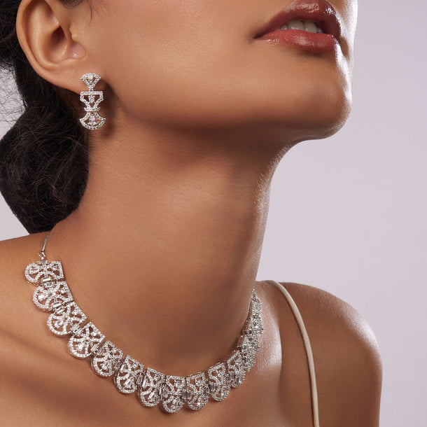 Silver Plated Necklace Set With Diamonds