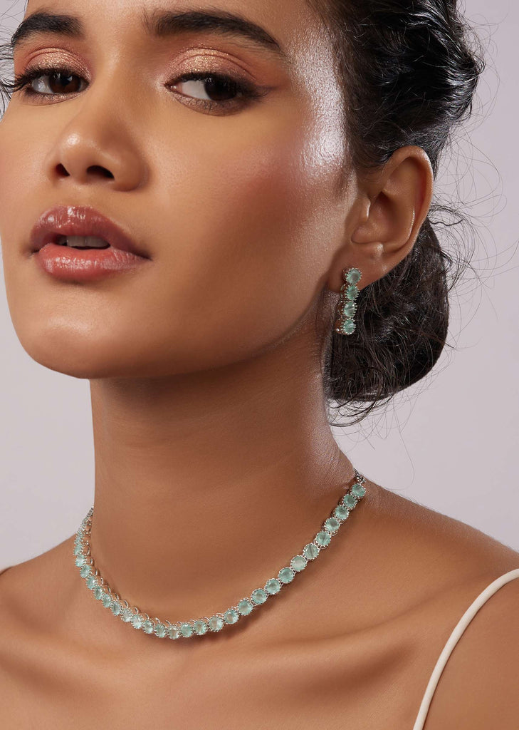 Silver Plated Jewel Neckband Set With Green Stones