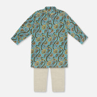 Kalki Sky Blue Printed Kurta Pant Set In Cotton For Boys