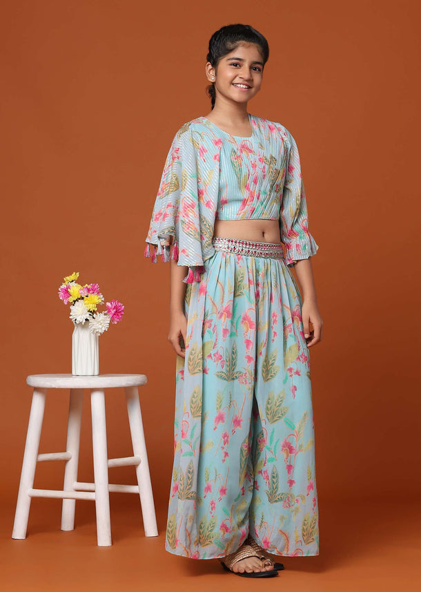 Kalki Sky Blue Floral Printed Top And Palazzo Set In Georgette For Girls
