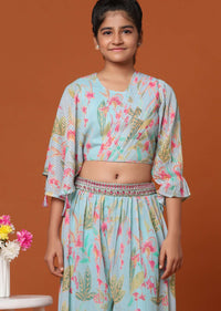 Kalki Sky Blue Floral Printed Top And Palazzo Set In Georgette For Girls