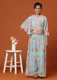 Kalki Sky Blue Floral Printed Top And Palazzo Set In Georgette For Girls