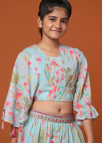 Kalki Sky Blue Floral Printed Top And Palazzo Set In Georgette For Girls