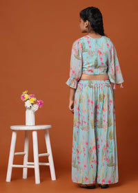 Kalki Sky Blue Floral Printed Top And Palazzo Set In Georgette For Girls