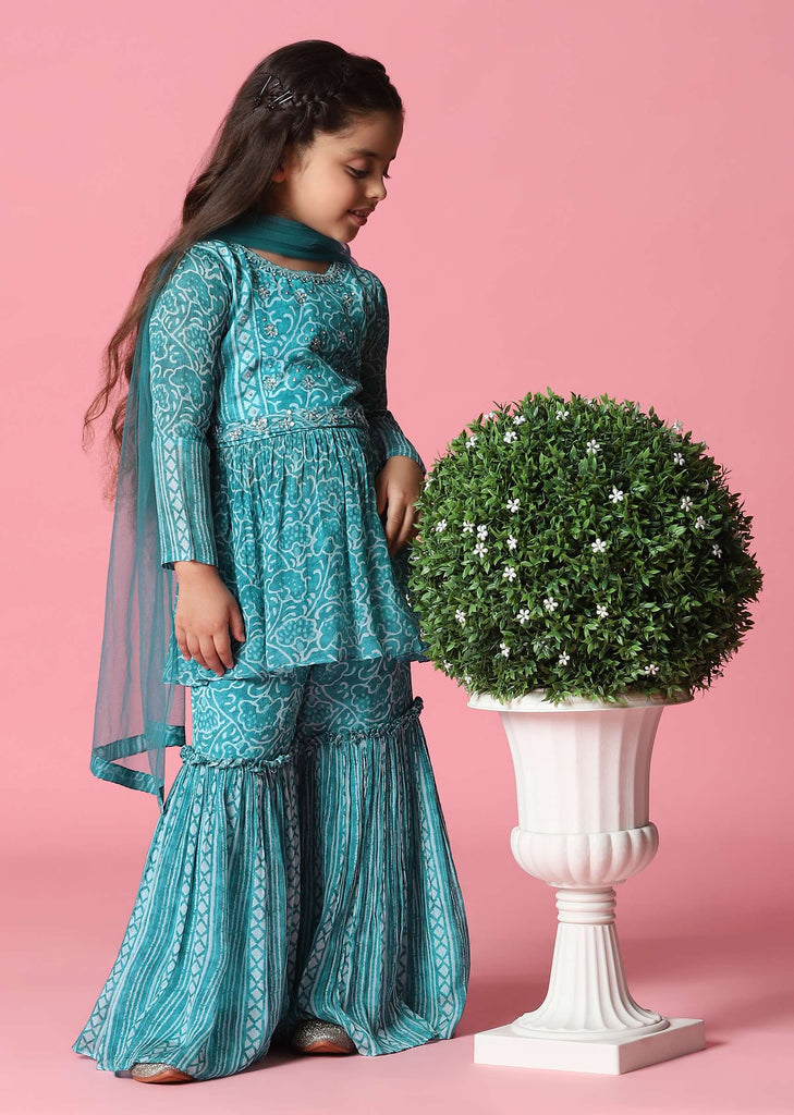 Kalki Sky Blue Palazzo And Kurta Set In Satin Blend For Girls