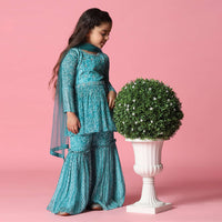 Kalki Sky Blue Palazzo And Kurta Set In Satin Blend For Girls