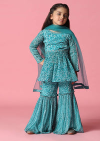 Kalki Sky Blue Palazzo And Kurta Set In Satin Blend For Girls