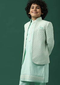 Kalki Sky Blue Sherwani Set In Silk With Threadwork For Boys