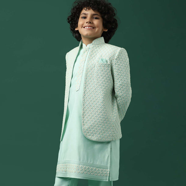 Kalki Sky Blue Sherwani Set In Silk With Threadwork For Boys