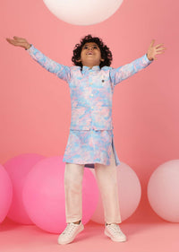 Kalki Sky Blue Tie-Dye Bandi Jacket Set In Silk With Threadwork For Boys