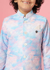 Kalki Sky Blue Tie-Dye Bandi Jacket Set In Silk With Threadwork For Boys