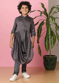 Kalki Slate Grey Kurta Set In Silk With Mughal Floral Print For Boys