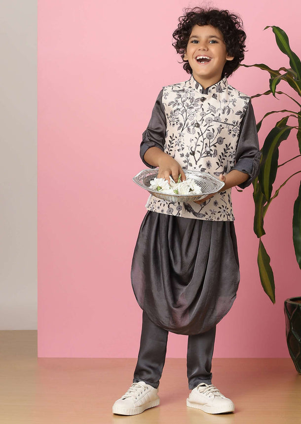 Kalki Slate Grey Kurta Set In Silk With Mughal Floral Print For Boys