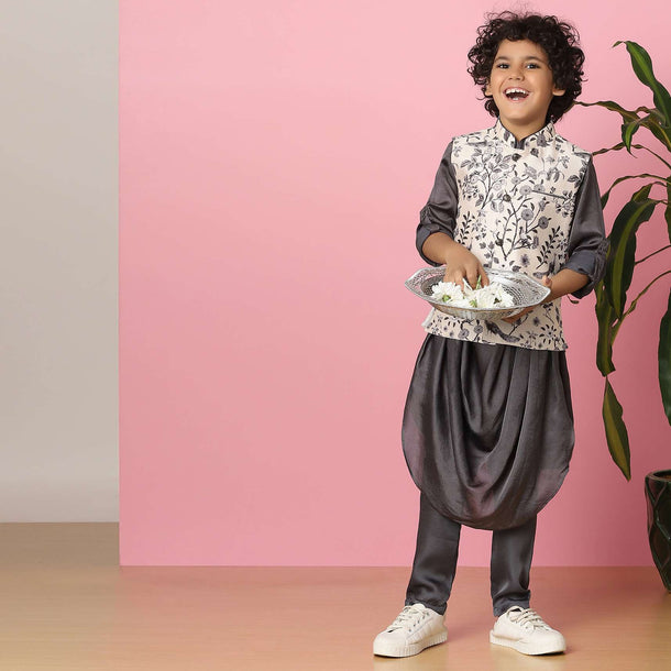 Kalki Slate Grey Kurta Set In Silk With Mughal Floral Print For Boys