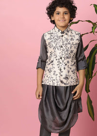 Kalki Slate Grey Kurta Set In Silk With Mughal Floral Print For Boys