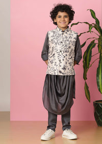 Kalki Slate Grey Kurta Set In Silk With Mughal Floral Print For Boys