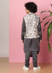 Kalki Slate Grey Kurta Set In Silk With Mughal Floral Print For Boys