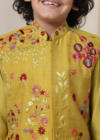 Kalki Sulphur Yellow Embroidered Bandi Kurta Set In Silk For Boys