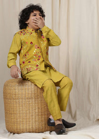 Kalki Sulphur Yellow Embroidered Bandi Kurta Set In Silk For Boys