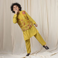 Kalki Sulphur Yellow Embroidered Bandi Kurta Set In Silk For Boys