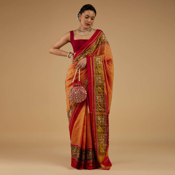 Carrot Orange Saree In Silk With Ikat Weave Patola Work