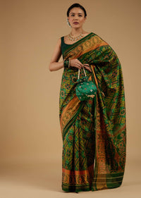 Forest Green Saree In Silk With Ikat Weave Patola Work