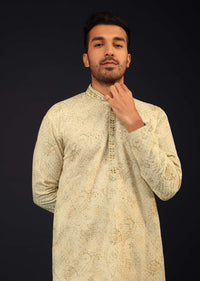 Mist Green Embroidered Kurta Set With Vintage Floral Print