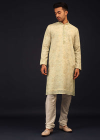 Mist Green Embroidered Kurta Set With Vintage Floral Print