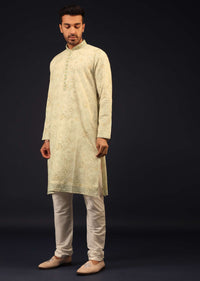 Mist Green Embroidered Kurta Set With Vintage Floral Print