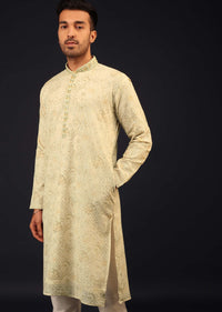 Mist Green Embroidered Kurta Set With Vintage Floral Print