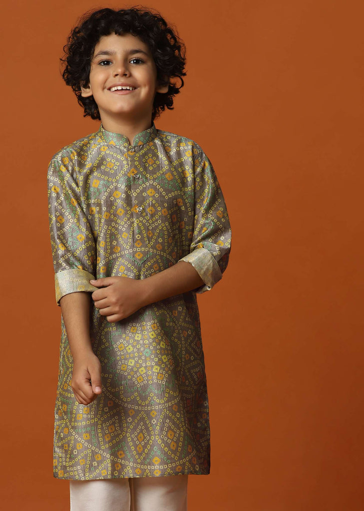 Kalki Tan Brown Bandhani Printed Kurta Set In Silk For Boys