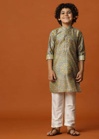 Kalki Tan Brown Bandhani Printed Kurta Set In Silk For Boys