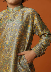 Kalki Tan Brown Bandhani Printed Kurta Set In Silk For Boys