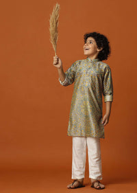 Kalki Tan Brown Bandhani Printed Kurta Set In Silk For Boys