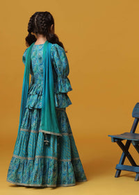 Kalki Teal Blue Lehenga And Top Set With Jacket In Cotton With Gotta Work For Girls