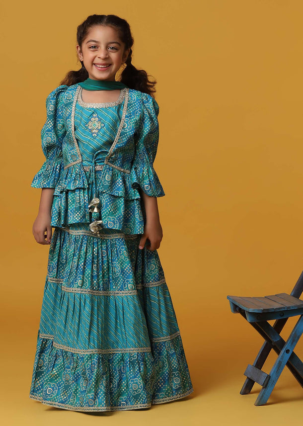 Kalki Teal Blue Lehenga And Top Set With Jacket In Cotton With Gotta Work For Girls
