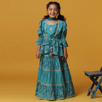 Kalki Teal Blue Lehenga And Top Set With Jacket In Cotton With Gotta Work For Girls