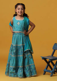 Kalki Teal Blue Lehenga And Top Set With Jacket In Cotton With Gotta Work For Girls