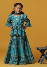 Kalki Teal Blue Lehenga And Top Set With Jacket In Cotton With Gotta Work For Girls