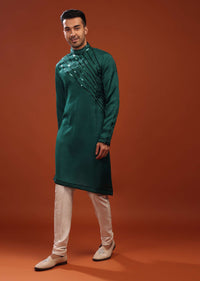 Peacock Green Festive Kurta In Mini Silk With Asymmetrical Bottom Cut And Cocktail Look