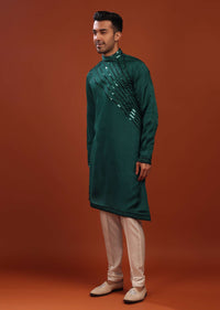 Peacock Green Festive Kurta In Mini Silk With Asymmetrical Bottom Cut And Cocktail Look