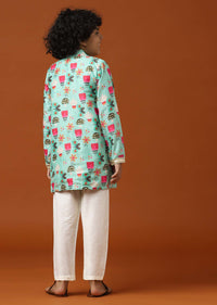 Kalki Teal Green Printed Kurta Set In Cotton Silk For Boys