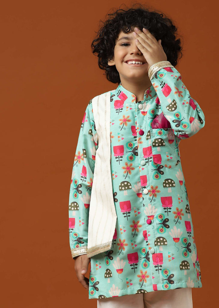 Kalki Teal Green Printed Kurta Set In Cotton Silk For Boys