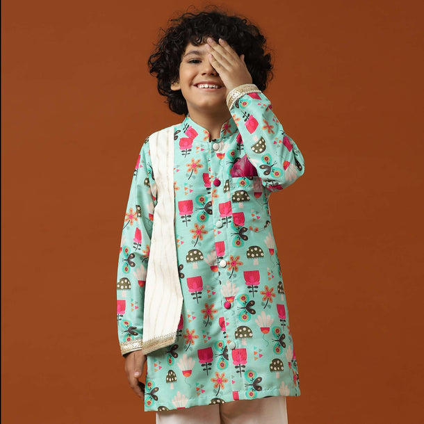 Kalki Teal Green Printed Kurta Set In Cotton Silk For Boys