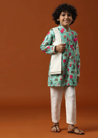 Kalki Teal Green Printed Kurta Set In Cotton Silk For Boys