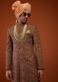Kalki Terra Coral Pink Embroidered Festive Sherwani In Velvet
