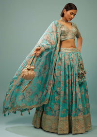 Sky Blue Lehenga Choli Set In Organza With Print & Embroidery