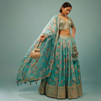 Sky Blue Lehenga Choli Set In Organza With Print & Embroidery